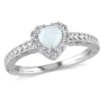 1/3 CT TGW Opal and 1/7 CT TW Diamond Heart Halo Ring in Sterling Silver