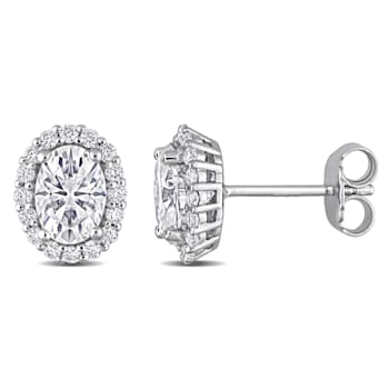2 1/3 CT DEW Created Moissanite Oval Halo Stud Earrings in Sterling Silver