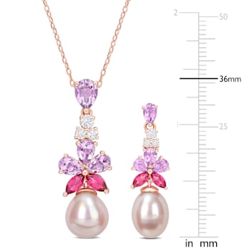 8.5-10MM Freshwater Cultured Pearl & Multigem Earrings &
Necklace Set in Rose Plated Sterling Silver
