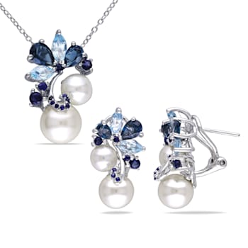 6-8.5MM Freshwater Cultured Pearl & Multi-gems Earrings and Pendant
with Chain in Sterling Silver