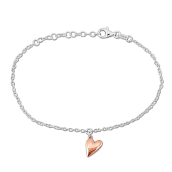 Heart Charm Bracelet in 2-Tone White and Rose Plated Sterling Silver