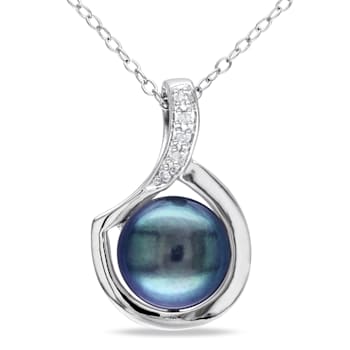 9-9.5MM Black Freshwater Cultured Pearl and Diamond Pendant with Chain
in Sterling Silver