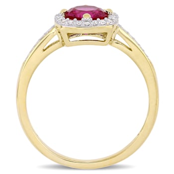 1 CT TGW Created Ruby and 1/7 CT TW Diamond Halo Ring in 10K Yellow Gold