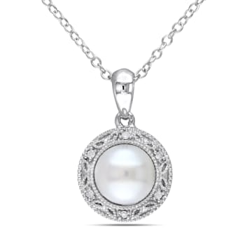 7.5-8MM Freshwater Cultured Pearl and Diamond Filigree Pendant with
Chain in Sterling Silver