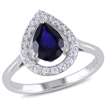 2 1/5 CT TGW Created Blue and White Sapphire Halo Ring in Sterling Silver