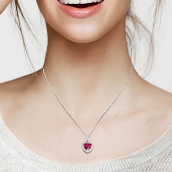 1 CT TGW Ruby and 1/6 CT TW Diamond Halo Pendant with Chain in 14K White Gold