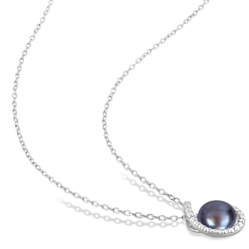 8-8.5MM Black Freshwater Cultured Pearl and Diamond Accent Pendant with
Chain in Sterling Silver