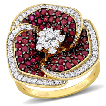 1 5/8 CT TGW Ruby and 3/5 CT TW Diamond Floral Ring in 14K Yellow Gold