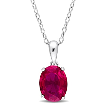 3 CT TGW Created Ruby Oval Solitaire Pendant with Chain Sterling Silver