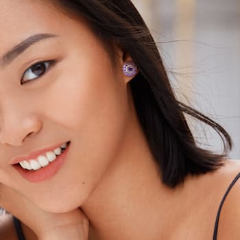 3 1/2 CT TGW Multi Gemstone Halo Stud Earrings in Sterling Silver