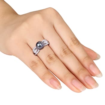 9-9.5MM Black Tahitian Pearl and Diamond Split Shank Ring in Sterling Silver