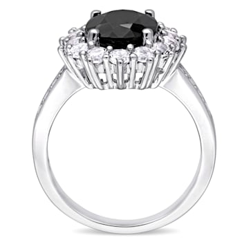 4 3/4 CT TGW Black Sapphire and Created White Sapphire Halo Ring in
Sterling Silver