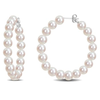 6-6.5MM Freshwater Cultured Pearl Hoop Earrings in Sterling Silver