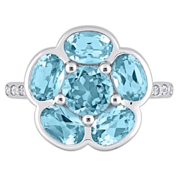 3 1/3 CT TGW Sky Blue Topaz and Diamond Accent Floral Ring in Sterling Silver