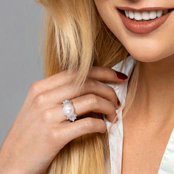 11-12MM Freshwater Cultured Pearl, 1 1/5 CT TGW Aquamarine & Diamond
Ring in Sterling Silver