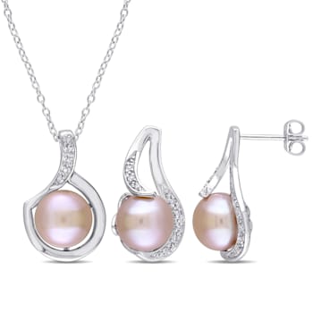9-9.5MM Pink Freshwater Cultured Pearl & Diamond Earrings &
Pendant Set in Sterling Silver