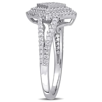 1/2 CT TW Diamond Halo Split Shank Ring in Sterling Silver