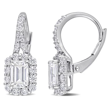 1 5/8 CT DEW Created Moissanite Halo Leverback Earrings in Sterling Silver