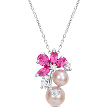7-9MM Pink Freshwater Cultured Pearl and 3 1/8 CT TGW Created Sapphire
Pendant in Sterling Silver