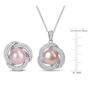 9.5-10.5MM Pink Freshwater Cultured Pearl & Cubic Zirconia Pendant
& Earrings Set in Sterling Silver