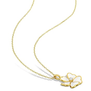 1/10 CT TGW White Topaz with White Enamel Flower Pendant with Chain in
Yellow Plated Sterling Silver