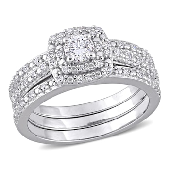 1/2 CT TW Diamond Cushion Shape Double Halo Bridal Set in Sterling Silver