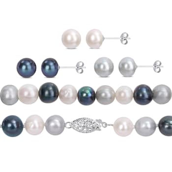 7.5-8MM Multi-Color Freshwater Cultured Pearl Necklace, Earrings &
Bracelet Set in Sterling Silver
