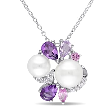 6.5-8MM Freshwater Cultured  Pearl and 1 3/8 CT TGW Multi-Gemstone
Pendant in Sterling Silver