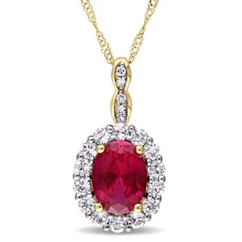 2 5/8 CT TGW Created Ruby White Topaz and Diamond Accent Pendant with
Chain in 14K Yellow Gold