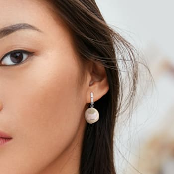 16.5-17MM Pink Freshwater Cultured Pearl Drop Earrings in 14K White Gold