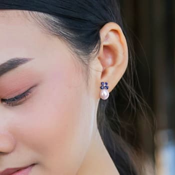 8-8.5MM Freshwater Cultured Pearl and 1 1/4 CT TGW Sapphire with Diamond
Earrings in 10K White Gold