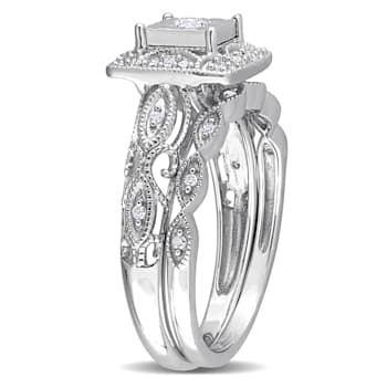 1/5 CT TW Diamond Square Halo Bridal Ring Set in Sterling Silver