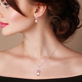 8.5-10MM Freshwater Cultured Pearl & Multigem Earrings &
Necklace Set in Rose Plated Sterling Silver