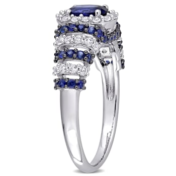 1 1/2 CT TGW Created Blue and White Sapphire Vintage Ring in Sterling Silver