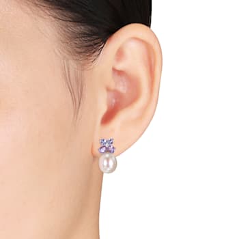 8-8.5MM White Cultured Pearl, Diamond, Tanzanite and Amethyst Stud
Earrings in Sterling Silver