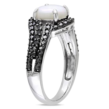 1 1/4 CT TGW Opal and 1/10 CT TW Black Diamond Cocktail Ring in Sterling Silver