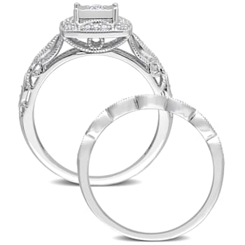 1/5 CT TW Diamond Square Halo Bridal Ring Set in Sterling Silver