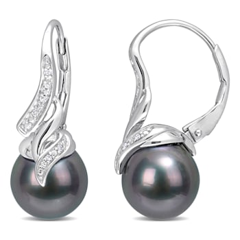 9-9.5 MM Black Tahitian Cultured Pearl and Diamond Accent Twist Drop
Earrings in Sterling Silver