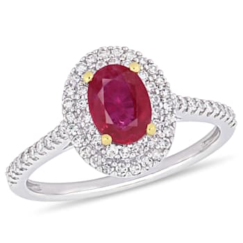7/8 CT TGW Oval Ruby and 1/3 CT TW Diamond Double Halo Ring in 2-tone
14K White & Yellow Gold