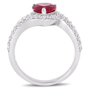 2 1/2 CT TGW Created Ruby and Created white Sapphire Halo Engagement
Ring in Sterling Silver