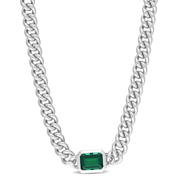 7/8 CT TGW Octagon Created Emerald Curb Link Chain Necklace in Sterling Silver