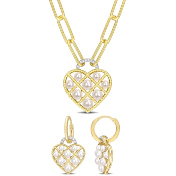 2.5-5MM Freshwater Cultured Pearl & Diamond Earrings & Necklace
Set in Yellow Plated Sterling Silver