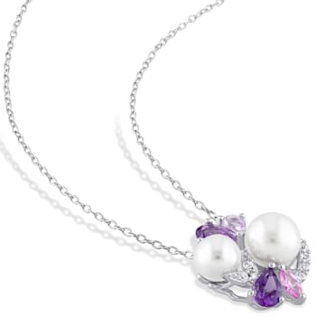 6.5-8MM Freshwater Cultured  Pearl and 1 3/8 CT TGW Multi-Gemstone
Pendant in Sterling Silver