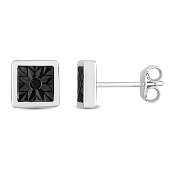 Black Diamond Accent Square Men's Stud Earrings in Sterling Silver
