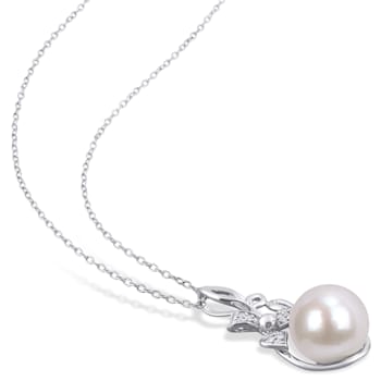 11-12MM Freshwater Cultured and Diamond Accent Floral Pendant with Chain
in Sterling Silver