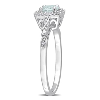 3/8 CT TGW Aquamarine and 1/10 CT TW Diamond Halo Ring in Sterling Silver