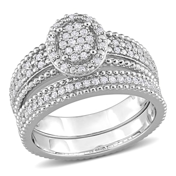 1/3 CT TW Diamond Oval Shape Cluster Bridal Set in Sterling Silver