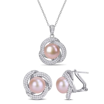 9.5-10.5MM Pink Freshwater Cultured Pearl & Cubic Zirconia Pendant
& Earrings Set in Sterling Silver