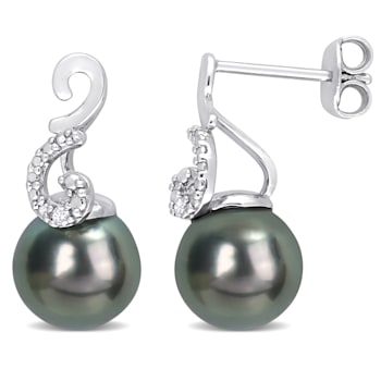 8-9MM Black Tahitian Cultured Pearl and Diamond Accent Swirl Drop Stud
Earrings in Sterling Silver