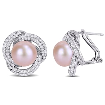10.5-11MM Pink Cultured Pearl and 1.5ctw Cubic Zirconia Halo Clip
Earrings in Sterling Silver